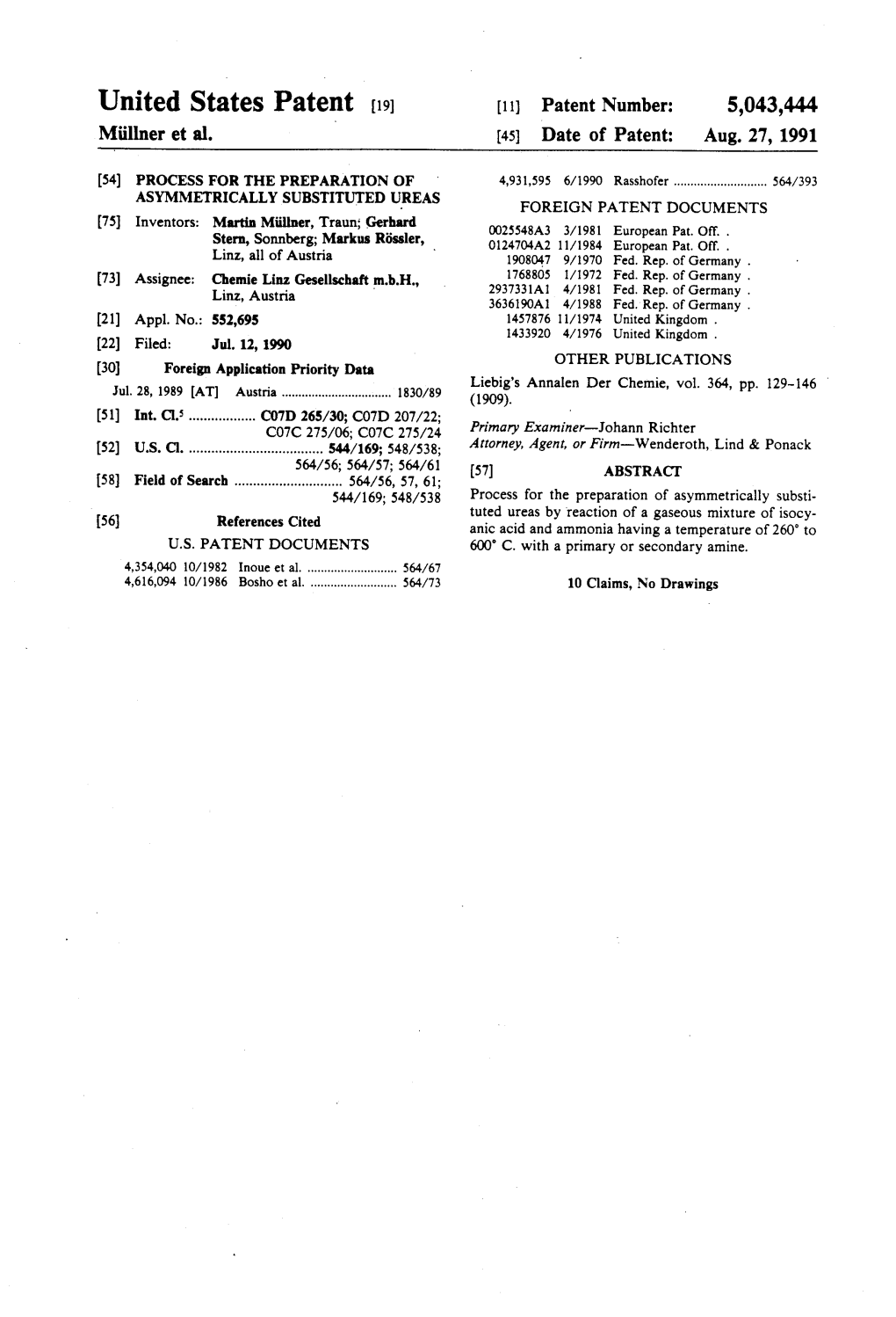 United States Patent (19) 11) Patent Number: 5,043,444 Milner Et Al