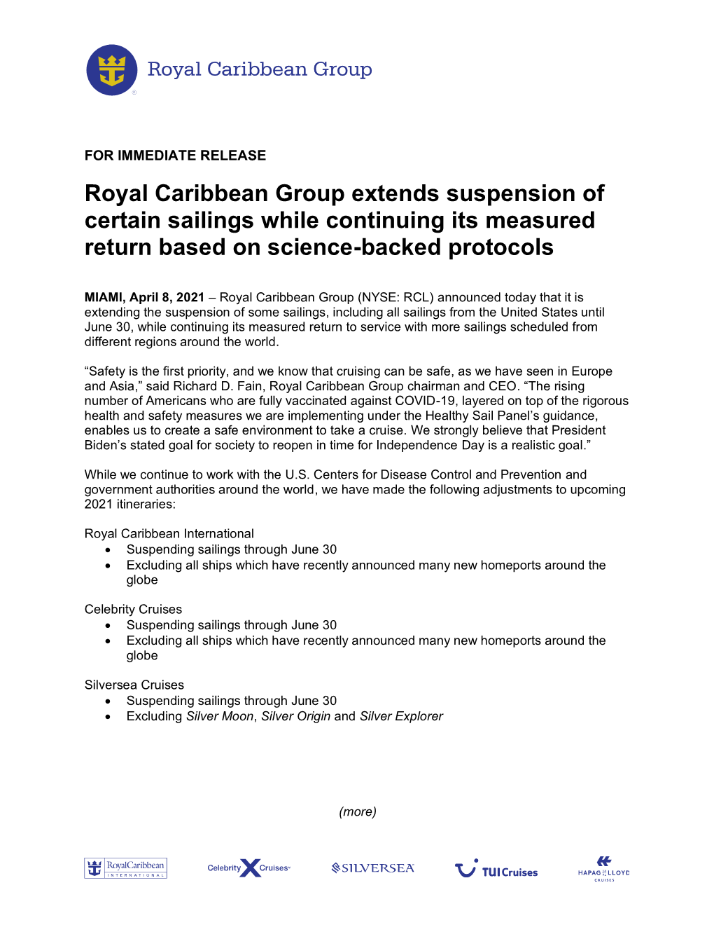 Royal Caribbean Group Extends Suspension of Certain Sailings While Continuing Its Measured Return Based on Science-Backed Protocols