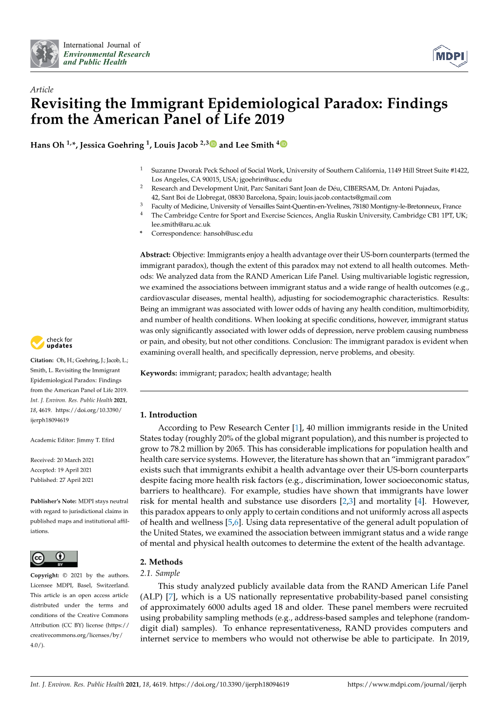 Revisiting the Immigrant Epidemiological Paradox: Findings from the American Panel of Life 2019