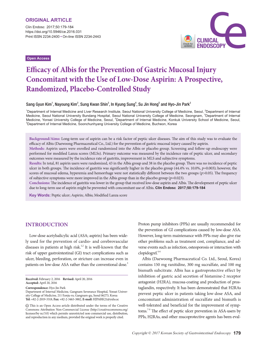 Efficacy of Albis for the Prevention of Gastric Mucosal Injury Concomitant with the Use of Low-Dose Aspirin: a Prospective, Randomized, Placebo-Controlled Study