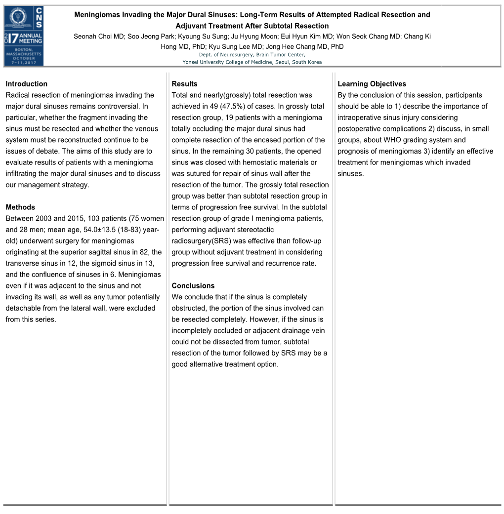 Meningiomas Invading the Major Dural Sinuses: Long-Term Results