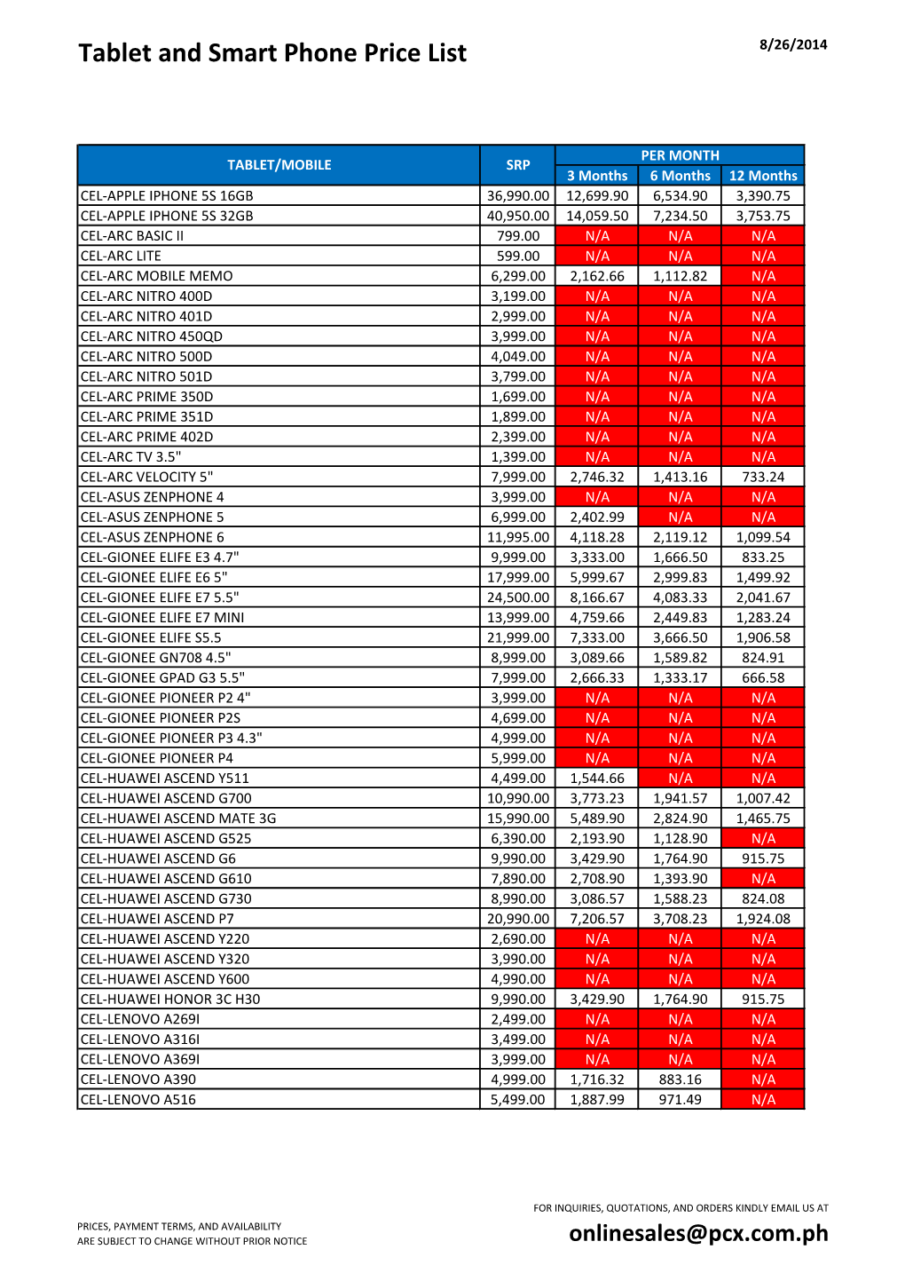Tablet and Smart Phone Price List 8/26/2014