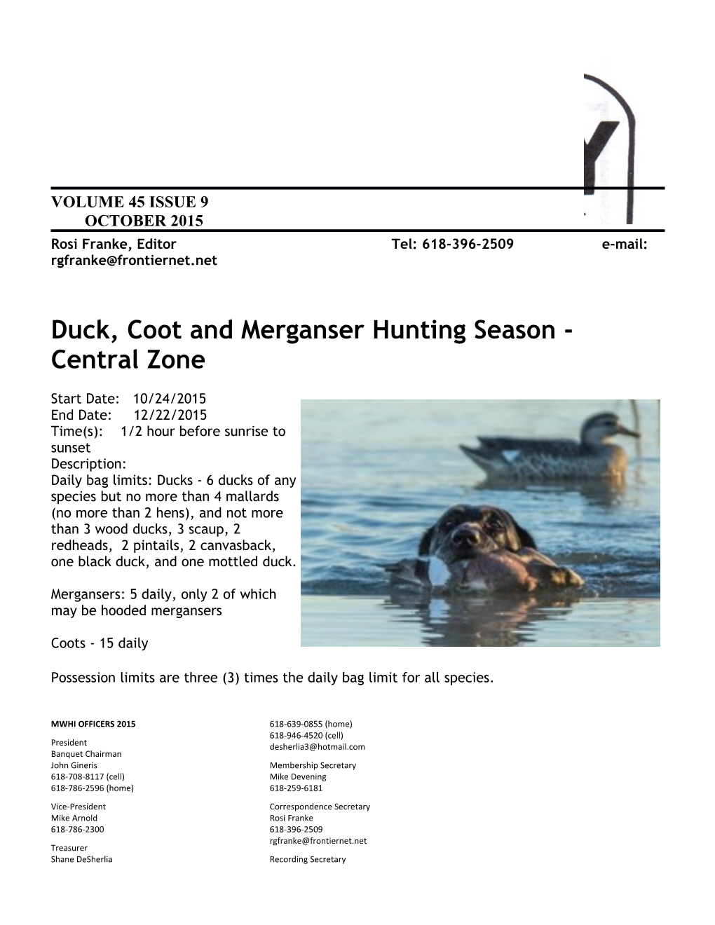 Duck, Coot and Merganser Hunting Season - Central Zone