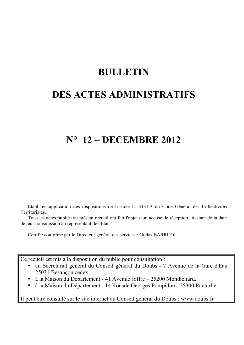 Bulletin Des Actes Administratifs N° 12 – Decembre 2012