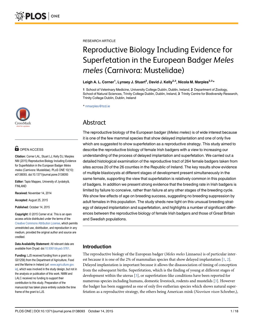 Reproductive Biology Including Evidence for Superfetation in the European Badger Meles Meles (Carnivora: Mustelidae)