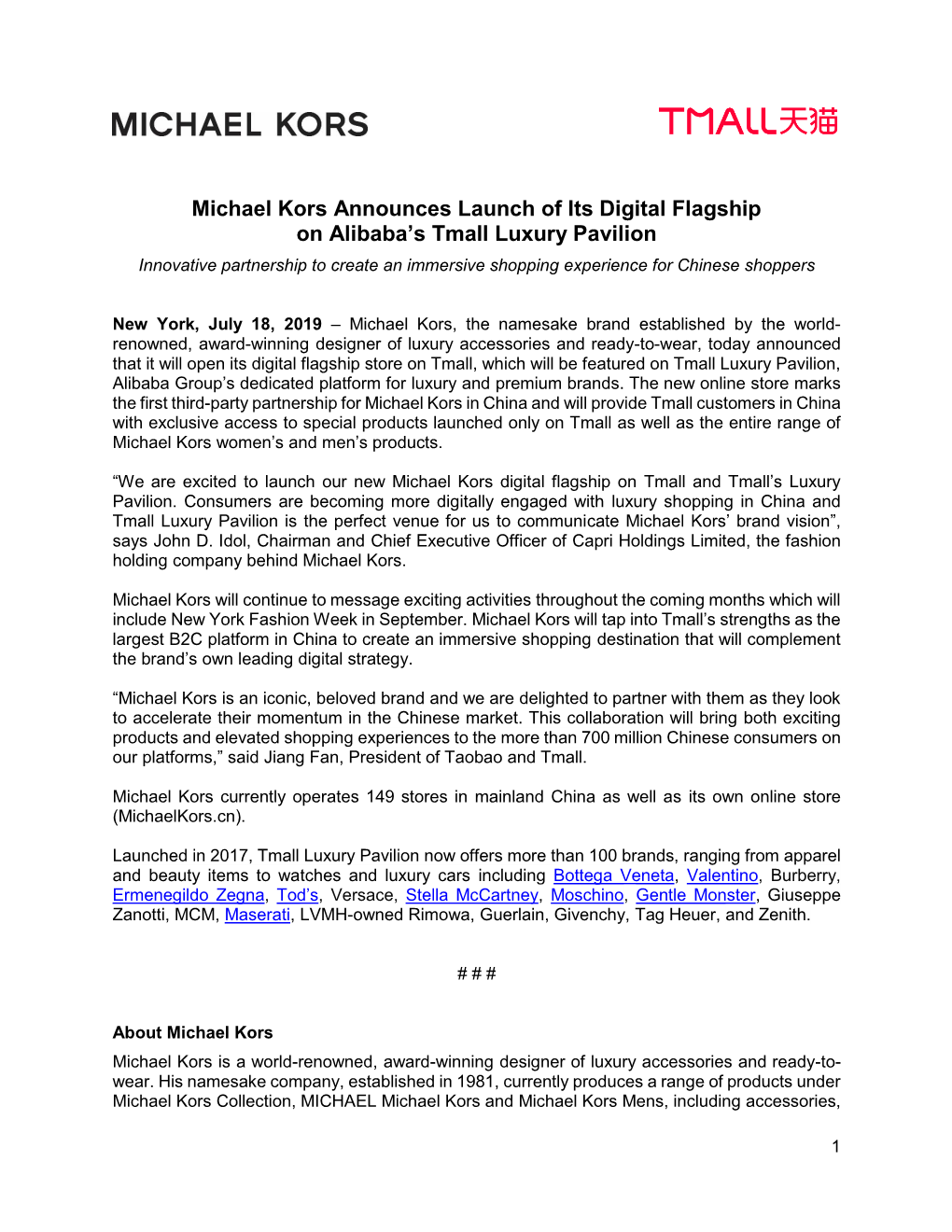 Michael Kors Announces Launch of Its Digital Flagship on Alibaba's Tmall