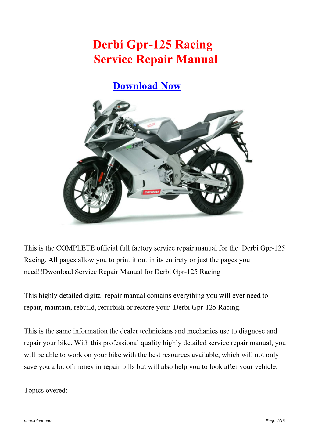 Download Derbi Gpr-125 Racing Factory Repair Manual
