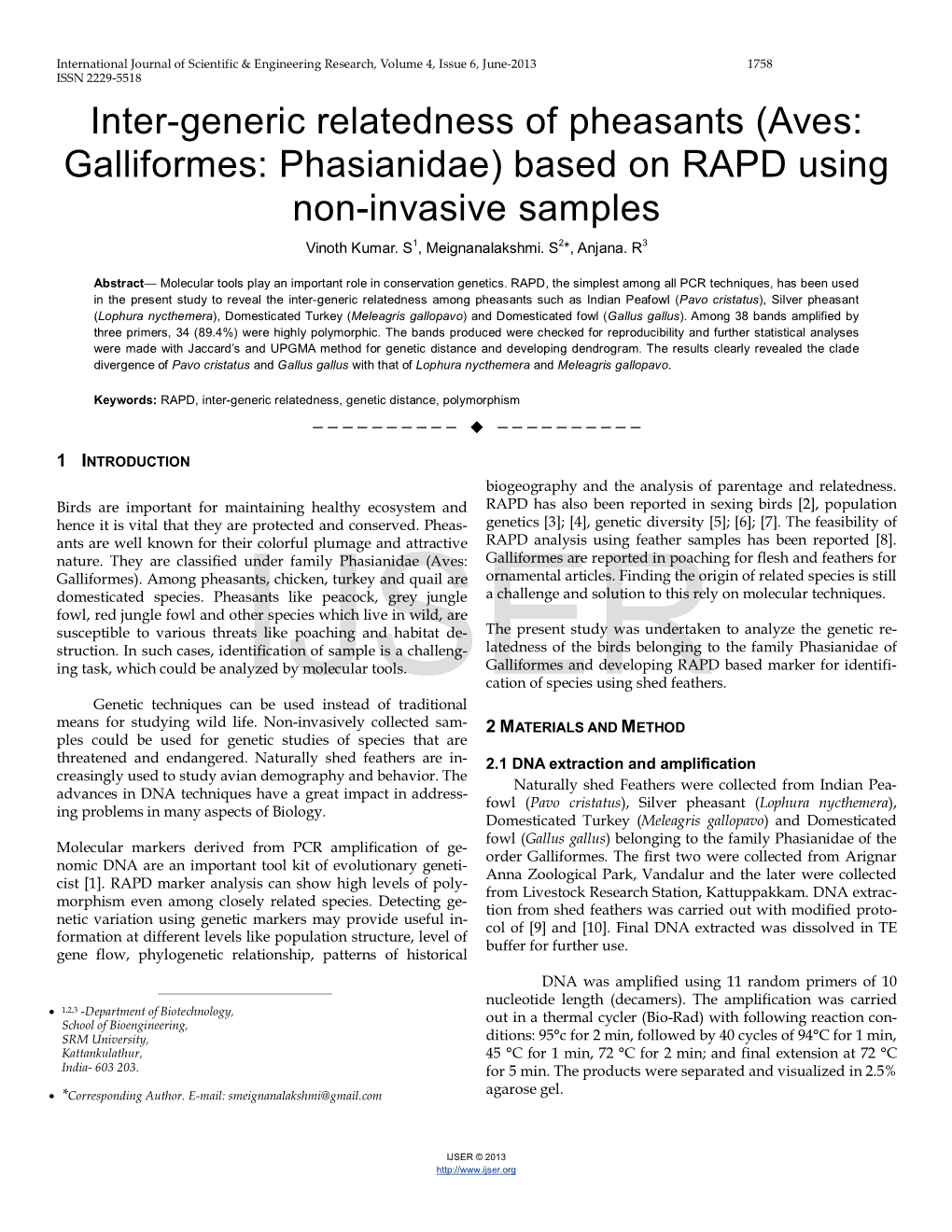 Inter-Generic Relatedness of Pheasants (Aves: Galliformes: Phasianidae) Based on RAPD Using Non-Invasive Samples Vinoth Kumar