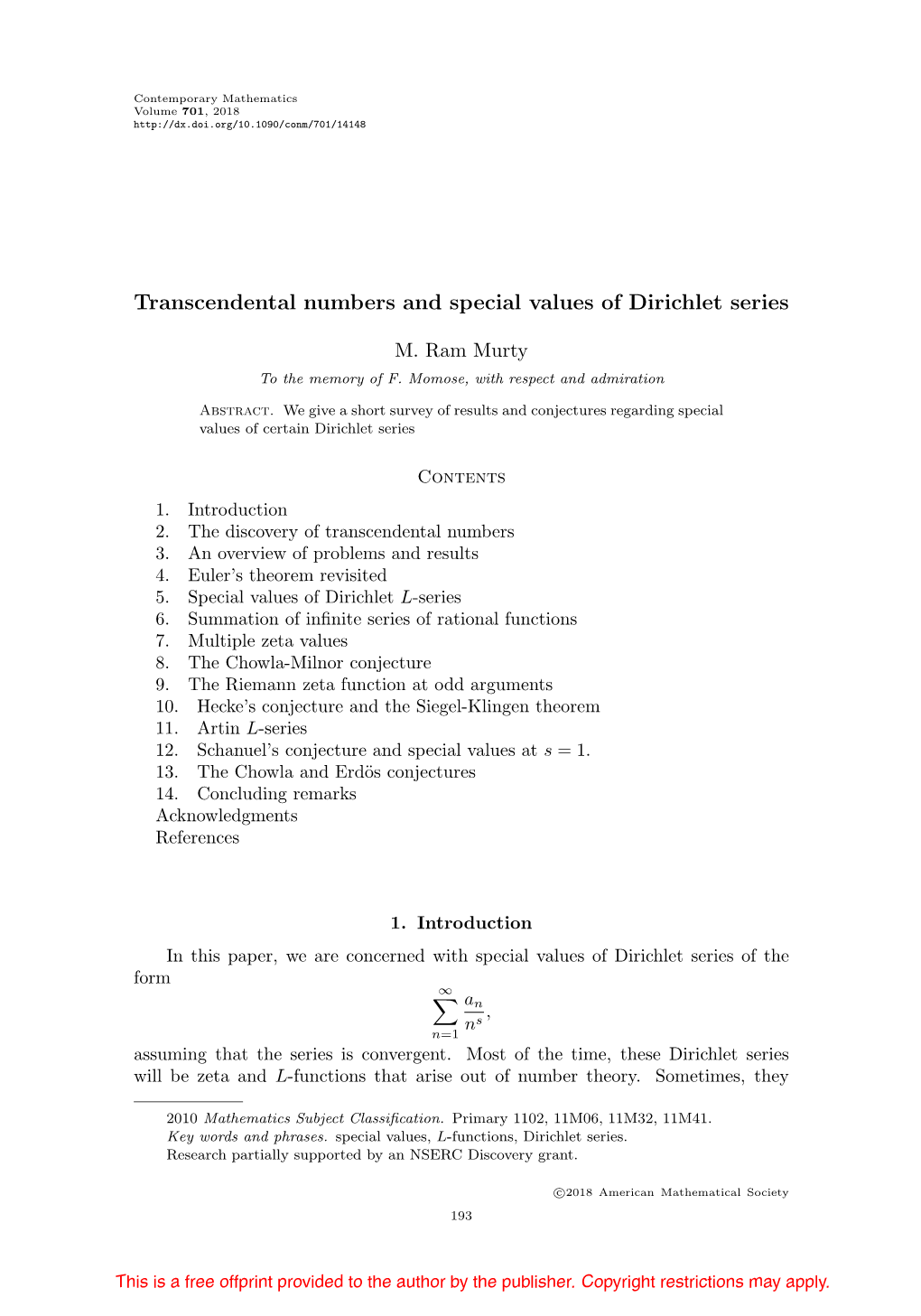 Transcendental Numbers and Special Values of Dirichlet Series