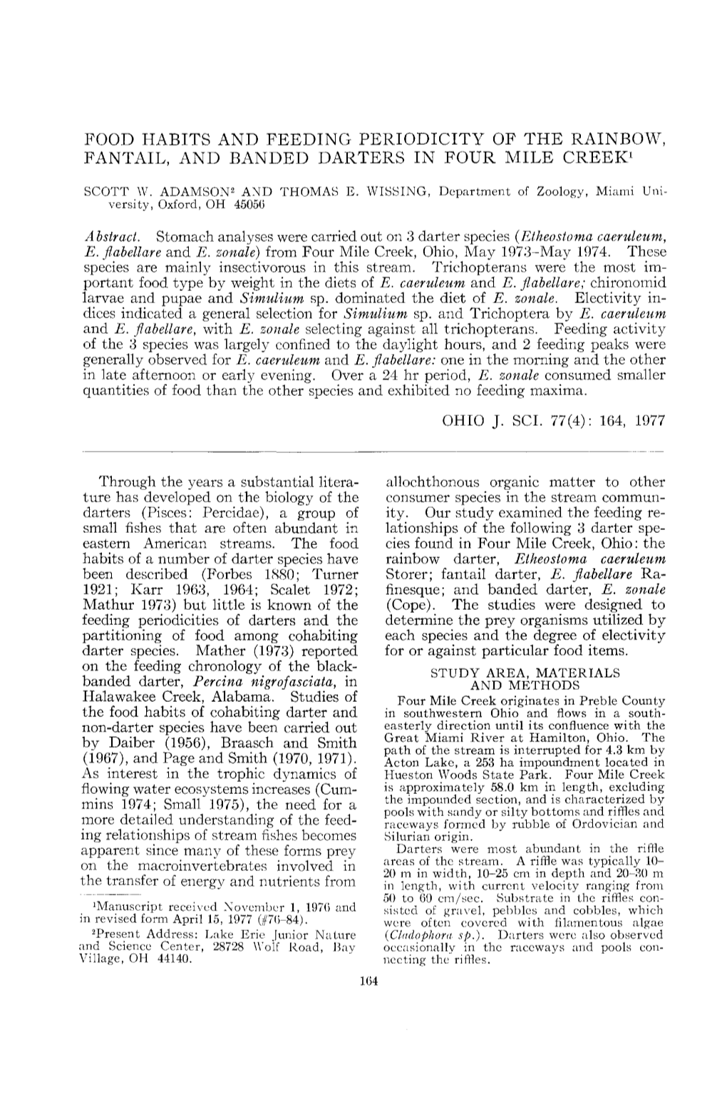 Food Habits and Feeding Periodicity of the Rainbow, Fantail, and Banded Darters in Four Mile Creek1