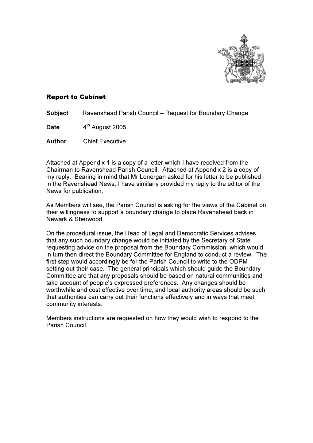 Report to Cabinet Subject Ravenshead Parish Council