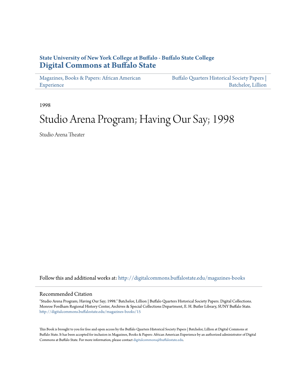 Studio Arena Program; Having Our Say; 1998 Studio Arena Theater