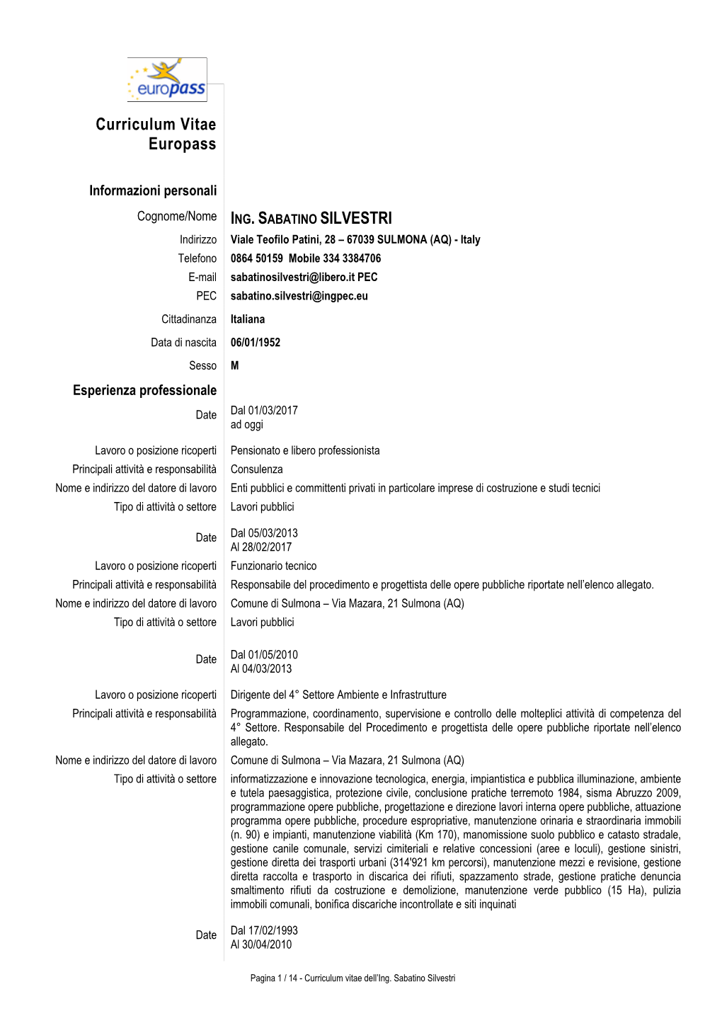 Curriculum Vitae Europass SABATINO SILVESTRI