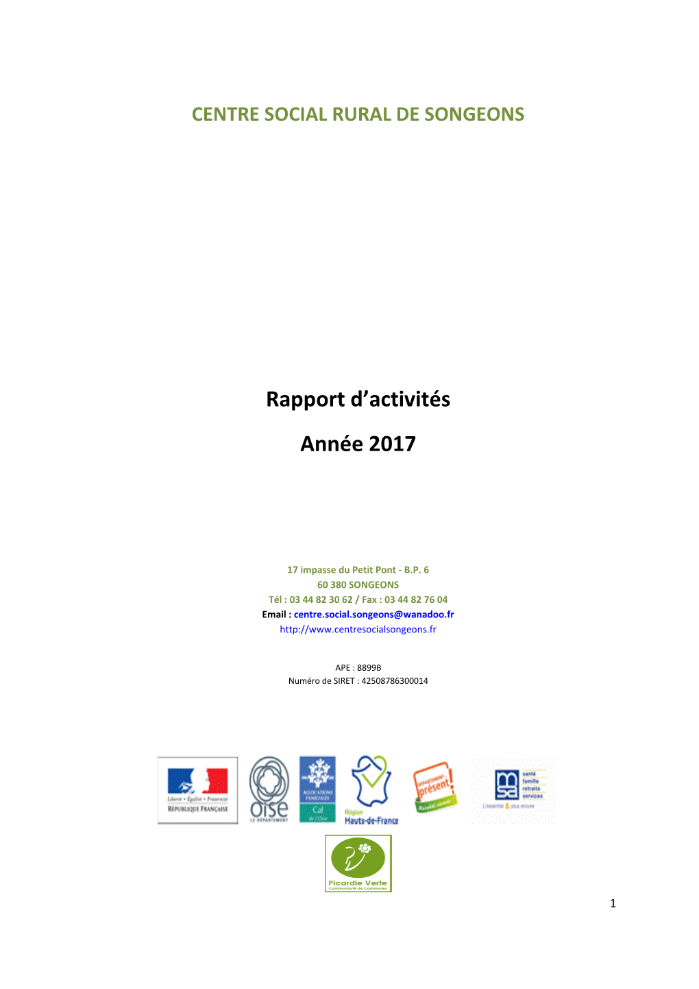 CENTRE SOCIAL RURAL DE SONGEONS Rapport D'activités