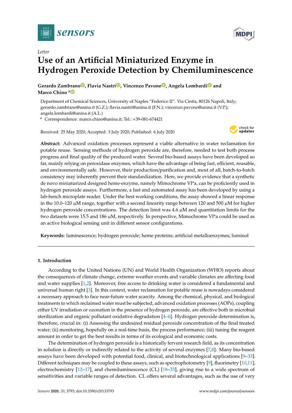 Use of an Artificial Miniaturized Enzyme in Hydrogen Peroxide