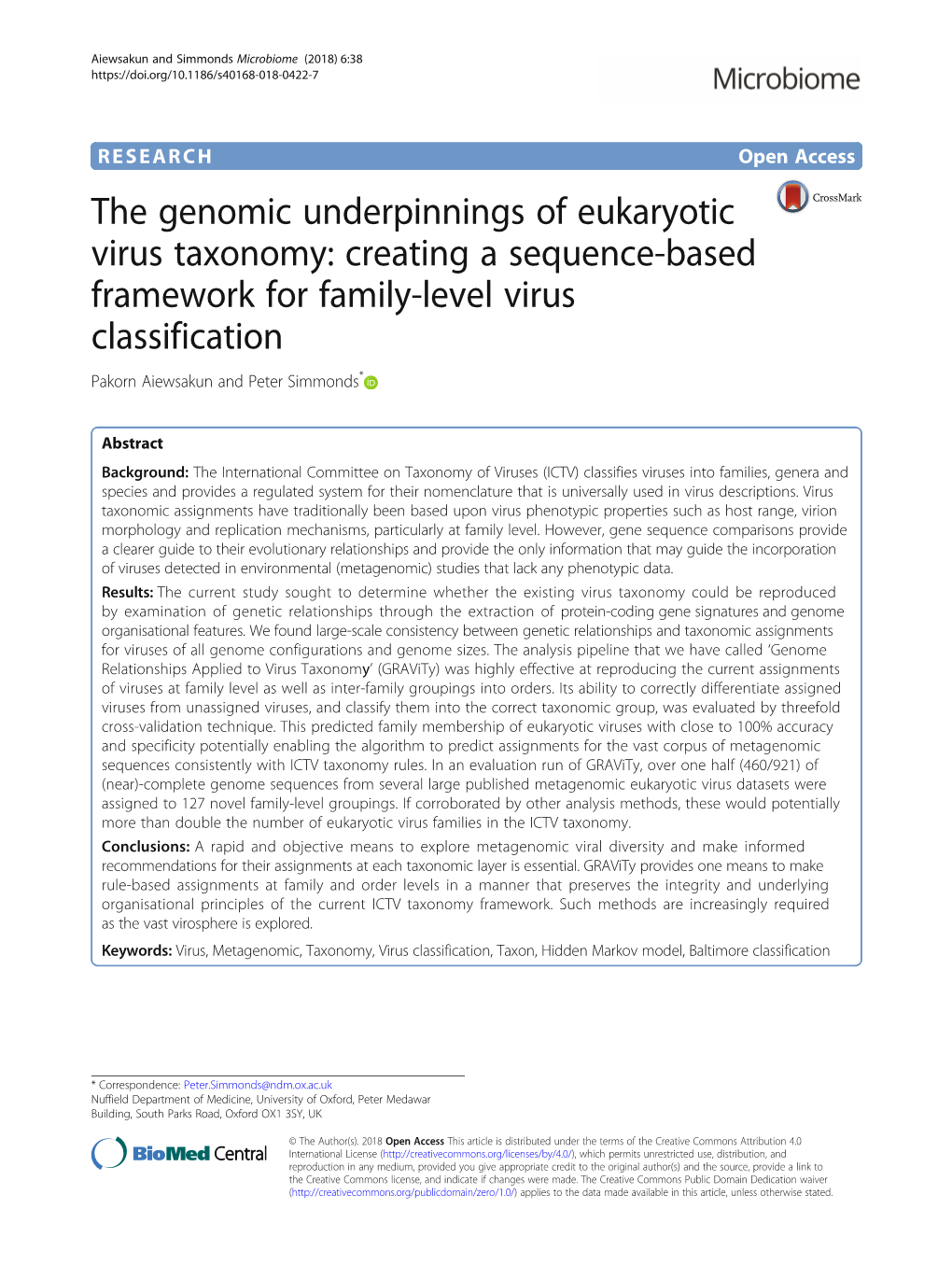 The Genomic Underpinnings of Eukaryotic Virus Taxonomy: Creating a Sequence-Based Framework for Family-Level Virus Classification Pakorn Aiewsakun and Peter Simmonds*