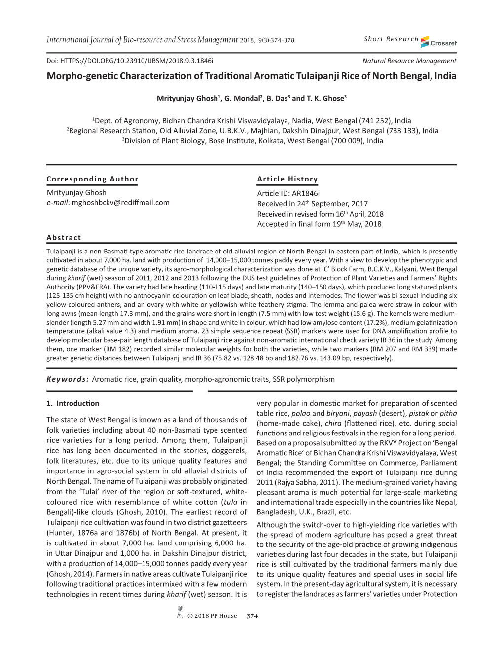 Morpho-Genetic Characterization of Traditional Aromatic Tulaipanji Rice of North Bengal, India