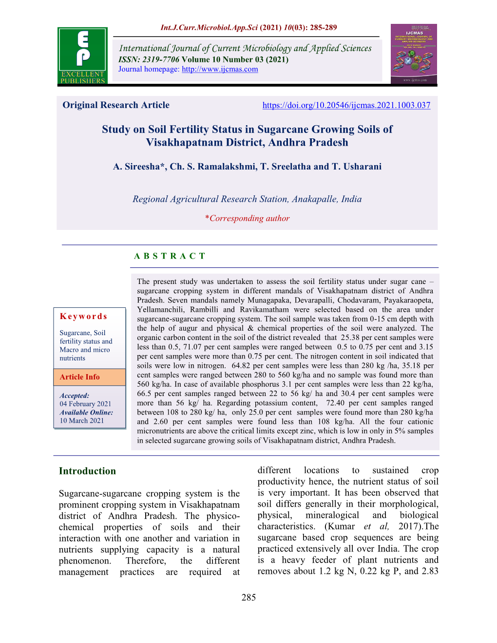 Study on Soil Fertility Status in Sugarcane Growing Soils of Visakhapatnam District, Andhra Pradesh