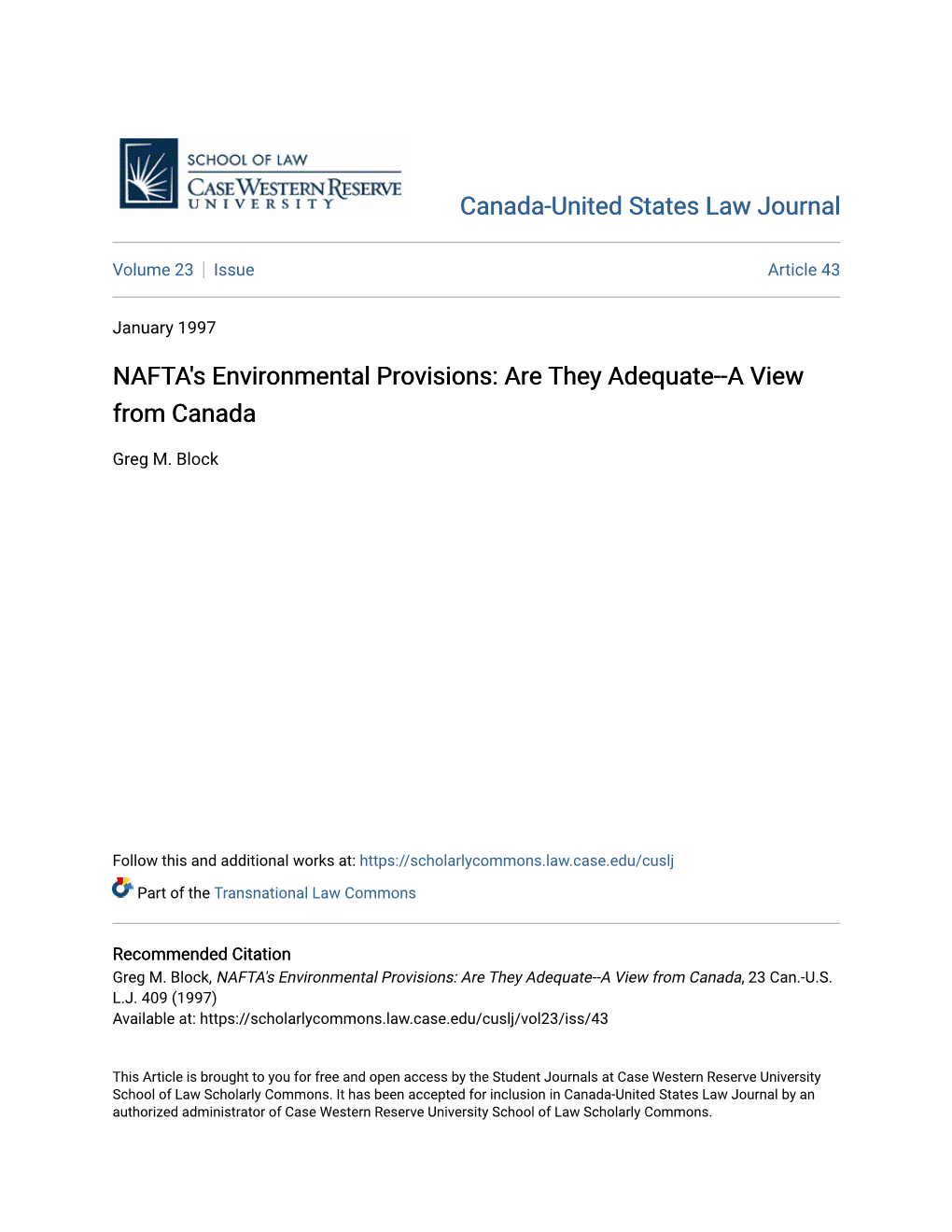 NAFTA's Environmental Provisions: Are They Adequate--A View from Canada