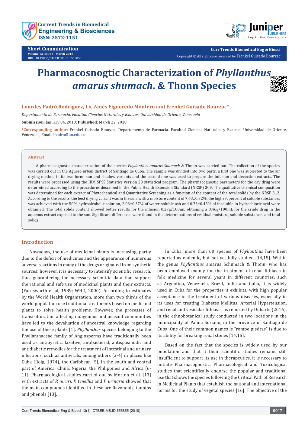 Pharmacosnogtic Characterization of Phyllanthus Amarus Shumach