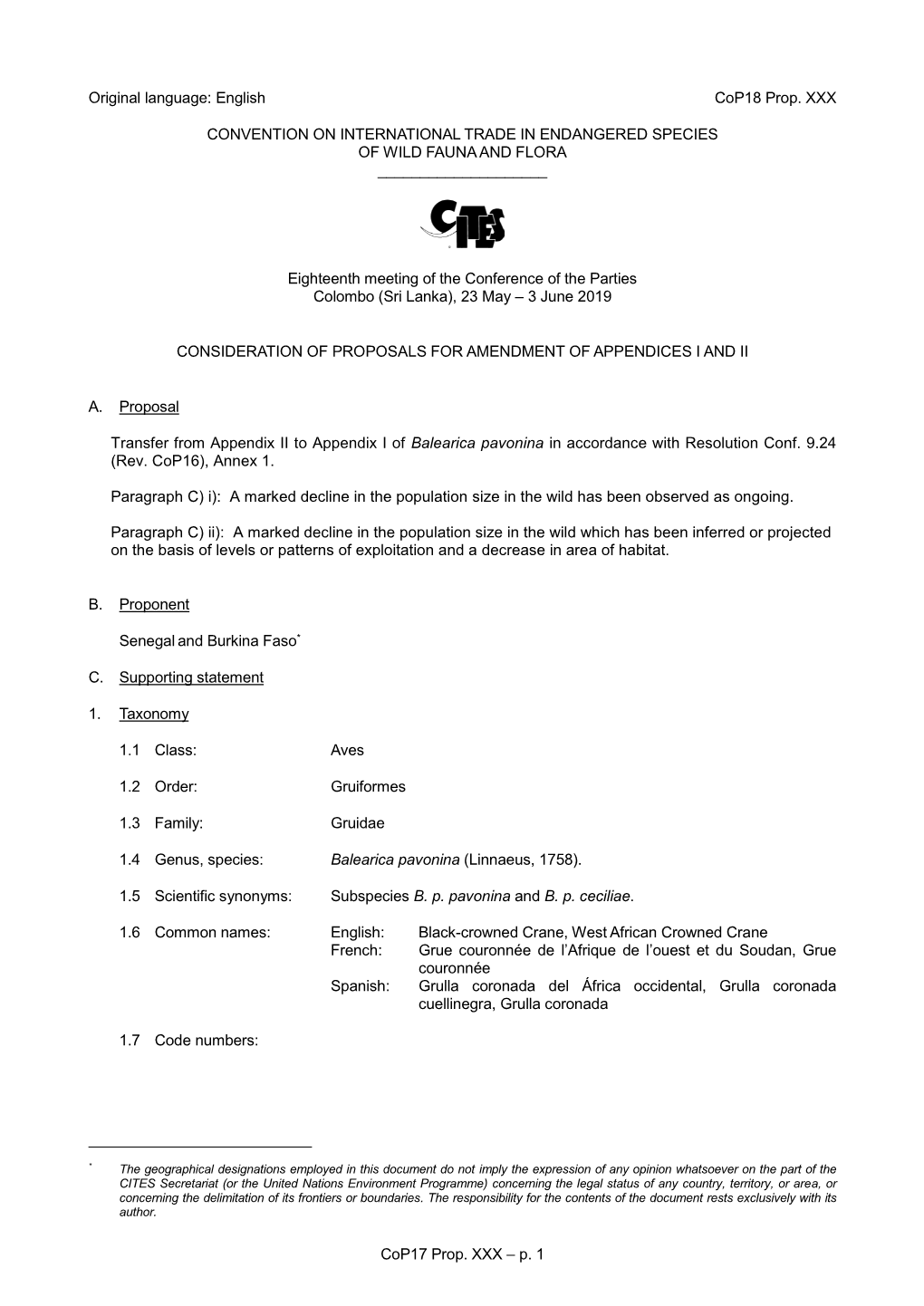 Proposal for Amendment of Appendix I Or II for CITES Cop16