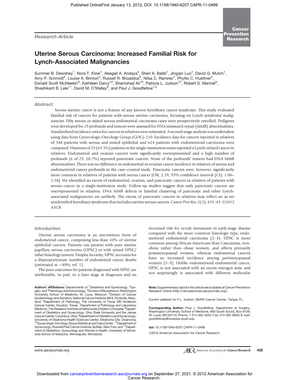 Uterine Serous Carcinoma: Increased Familial Risk for Lynch-Associated Malignancies