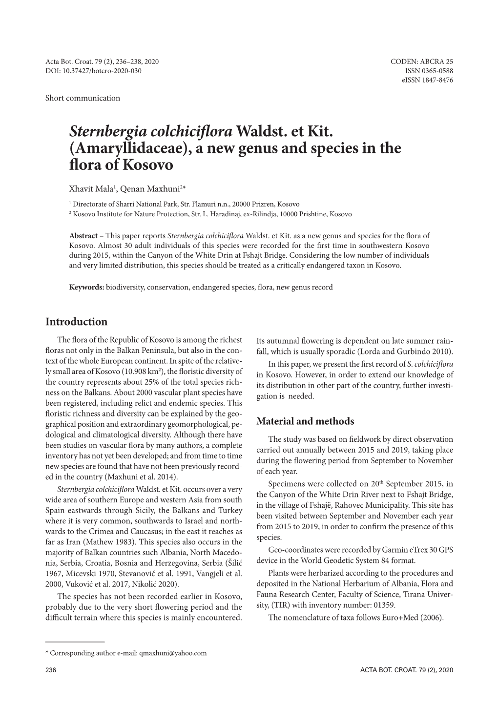 Sternbergia Colchiciflora Waldst. Et Kit. (Amaryllidaceae), a New Genus and Species in the Flora of Kosovo