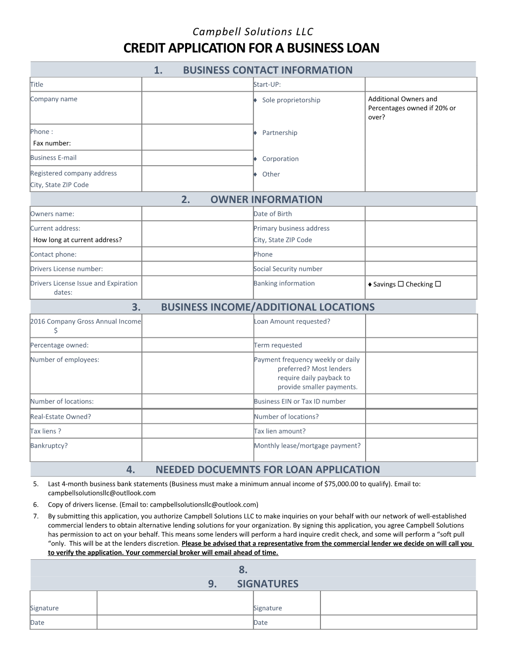 CREDIT APPLICATION for a BUSINESS Loan