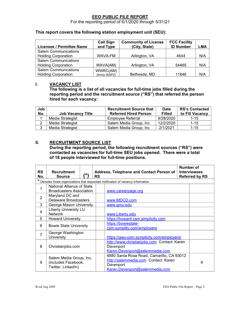 EEO PUBLIC FILE REPORT for the Reporting Period of 6/1/2020 Through 5/31/21