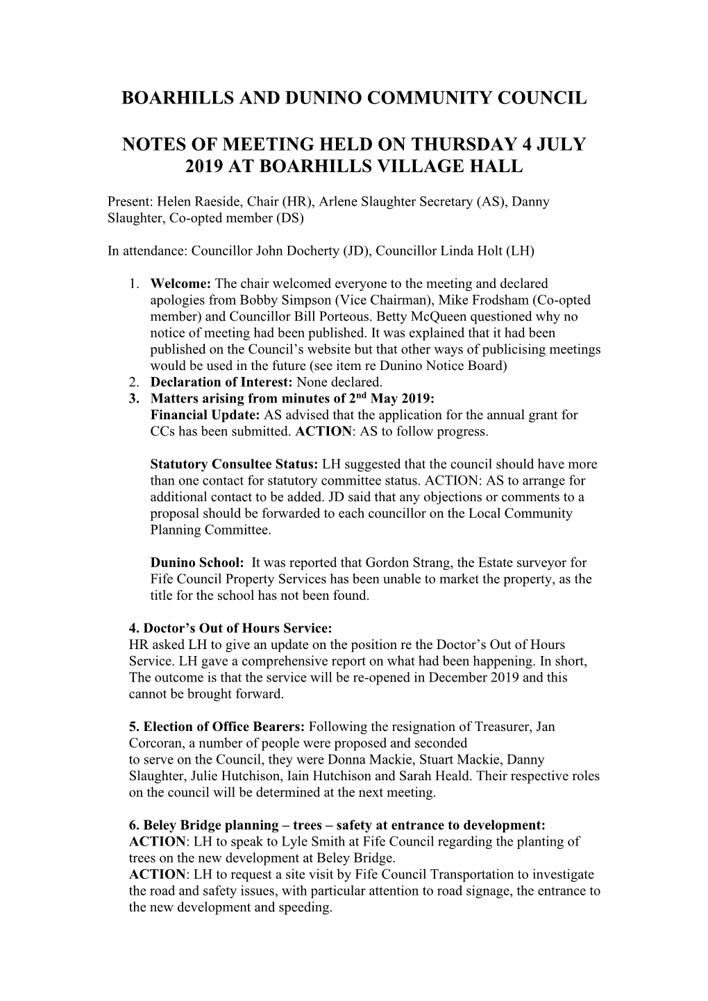 Boarhills and Dunino Community Council Notes Of