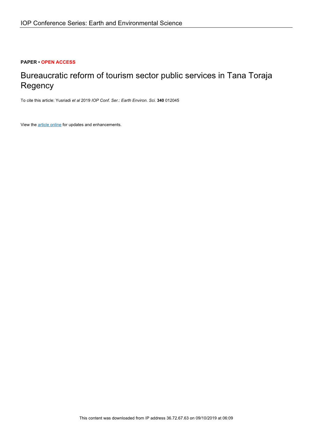 Bureaucratic Reform of Tourism Sector Public Services in Tana Toraja Regency