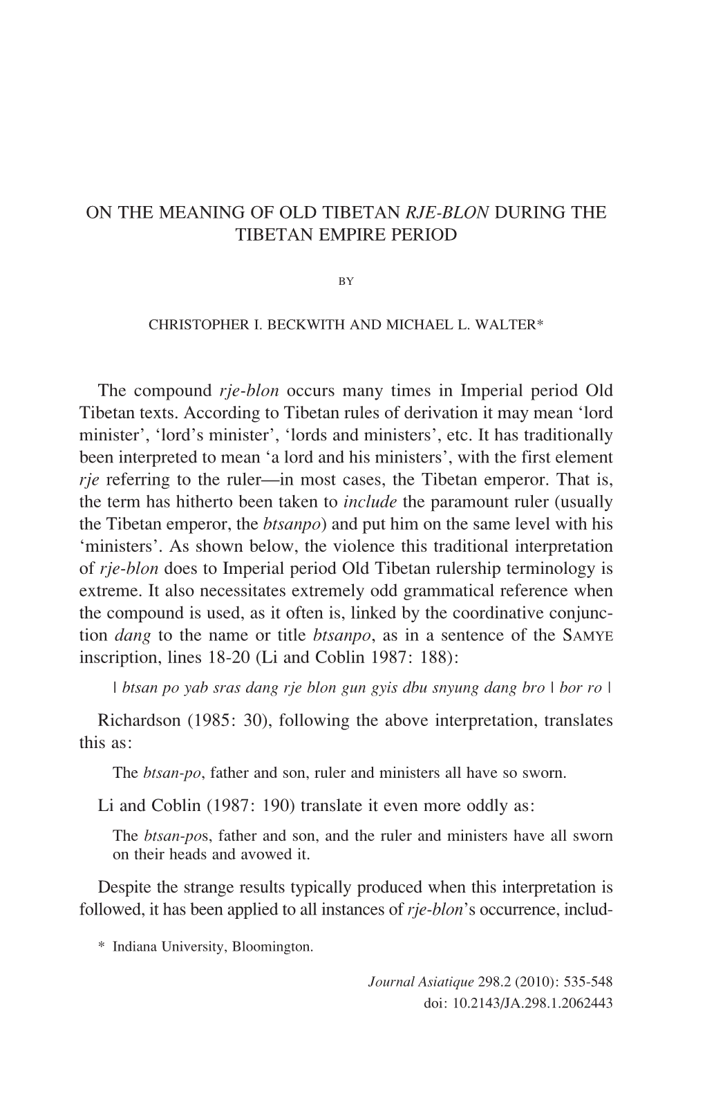 On the Meaning of Old Tibetan Rje-Blon During the Tibetan Empire Period