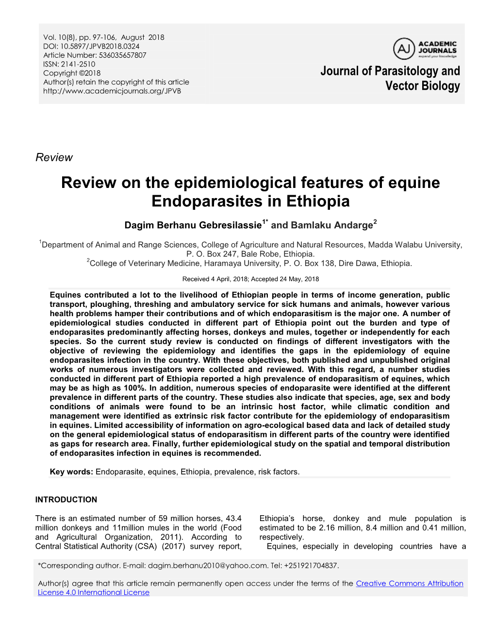Review on the Epidemiological Features of Equine Endoparasites in Ethiopia