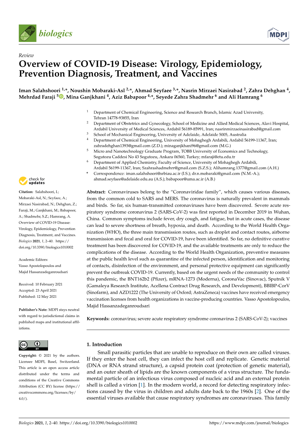 Overview of COVID-19 Disease: Virology, Epidemiology, Prevention Diagnosis, Treatment, and Vaccines