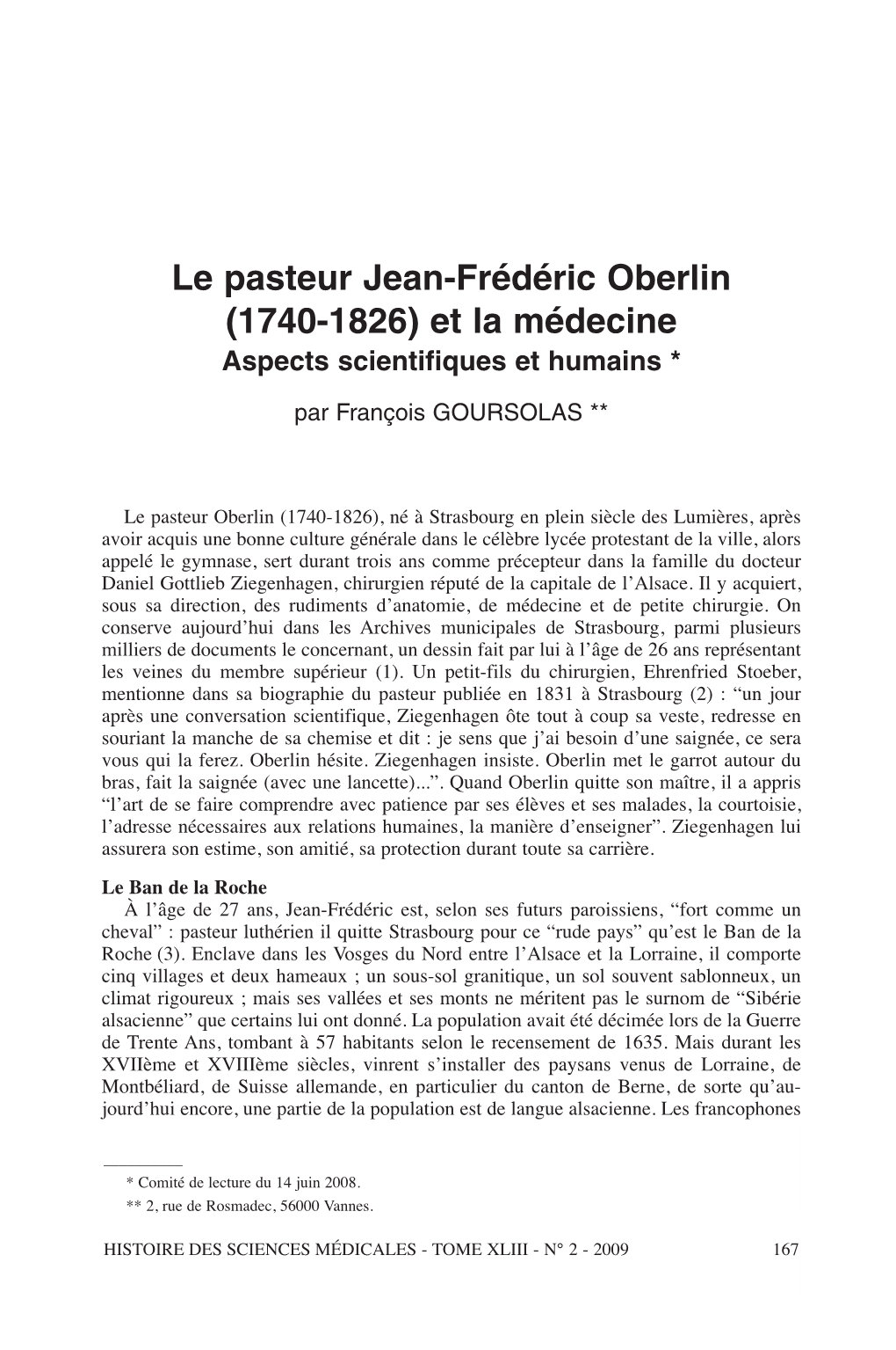 Le Pasteur Jean-Frédéric Oberlin (1740-1826) Et La Médecine. Aspects Scientifiques Et Humains the Pastor