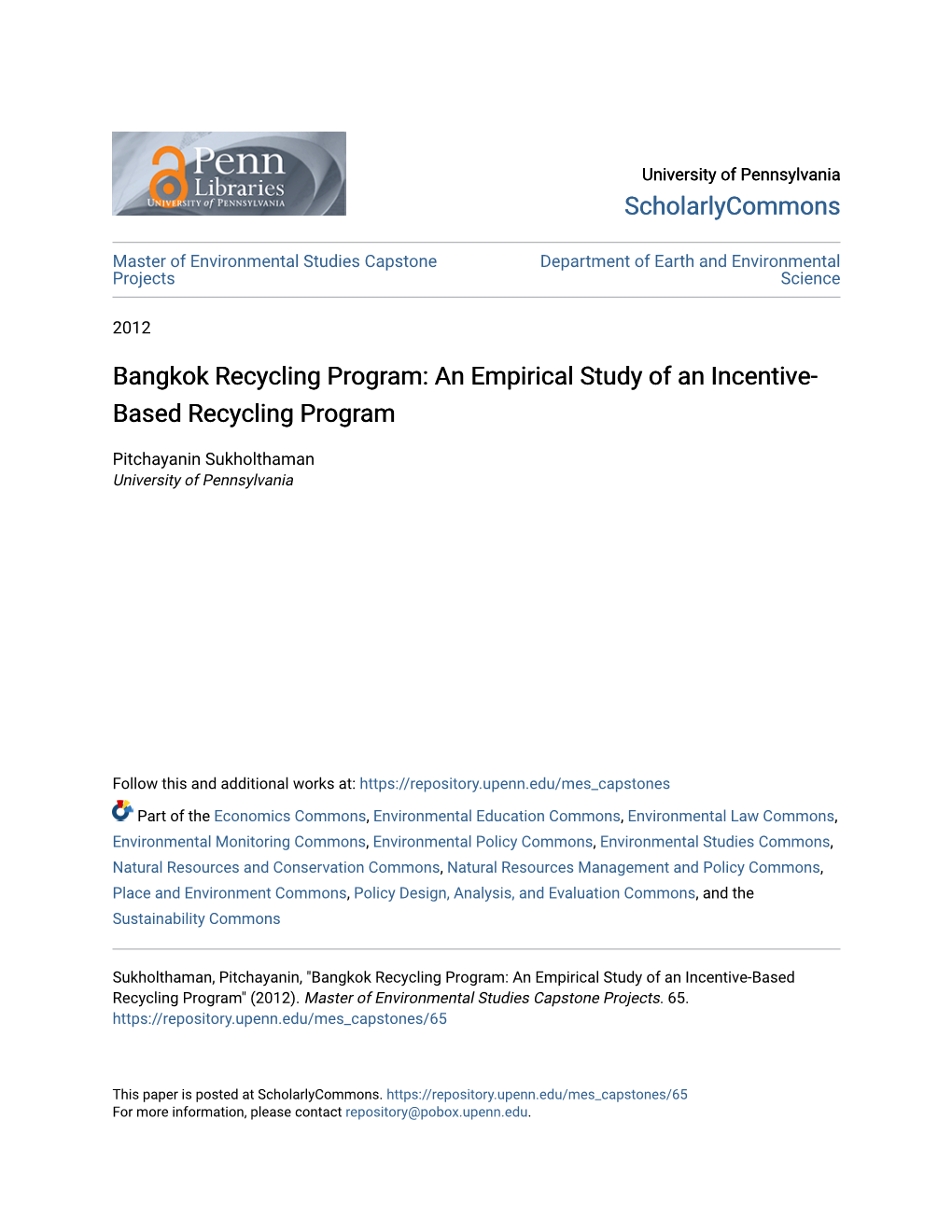 Bangkok Recycling Program: an Empirical Study of an Incentive- Based Recycling Program