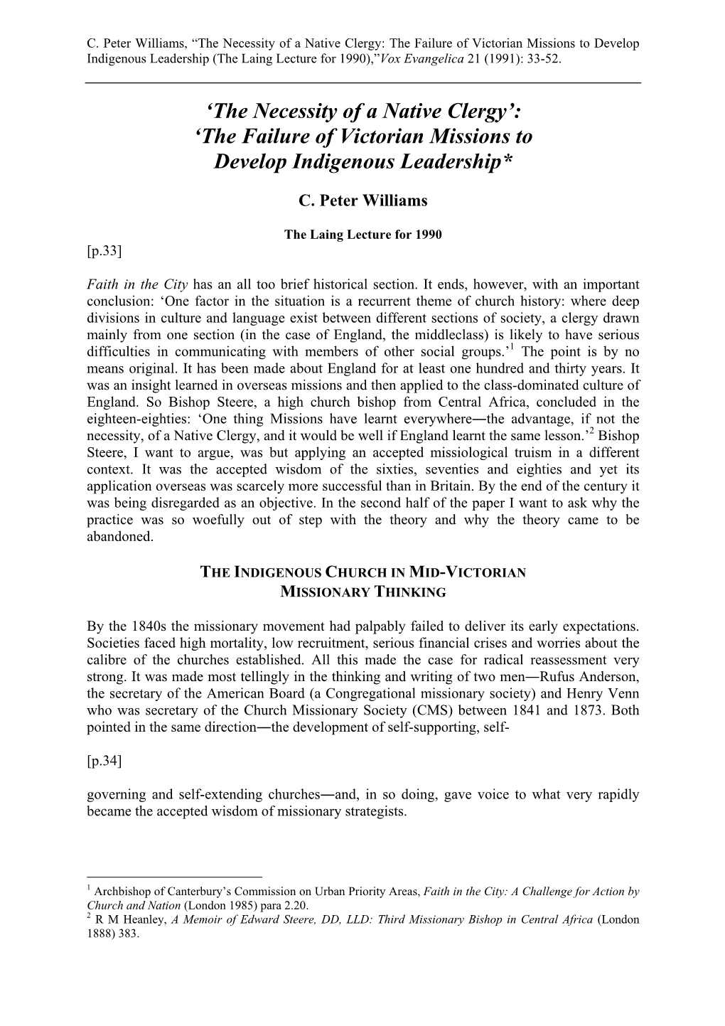 'The Necessity of a Native Clergy': 'The Failure of Victorian Missions To