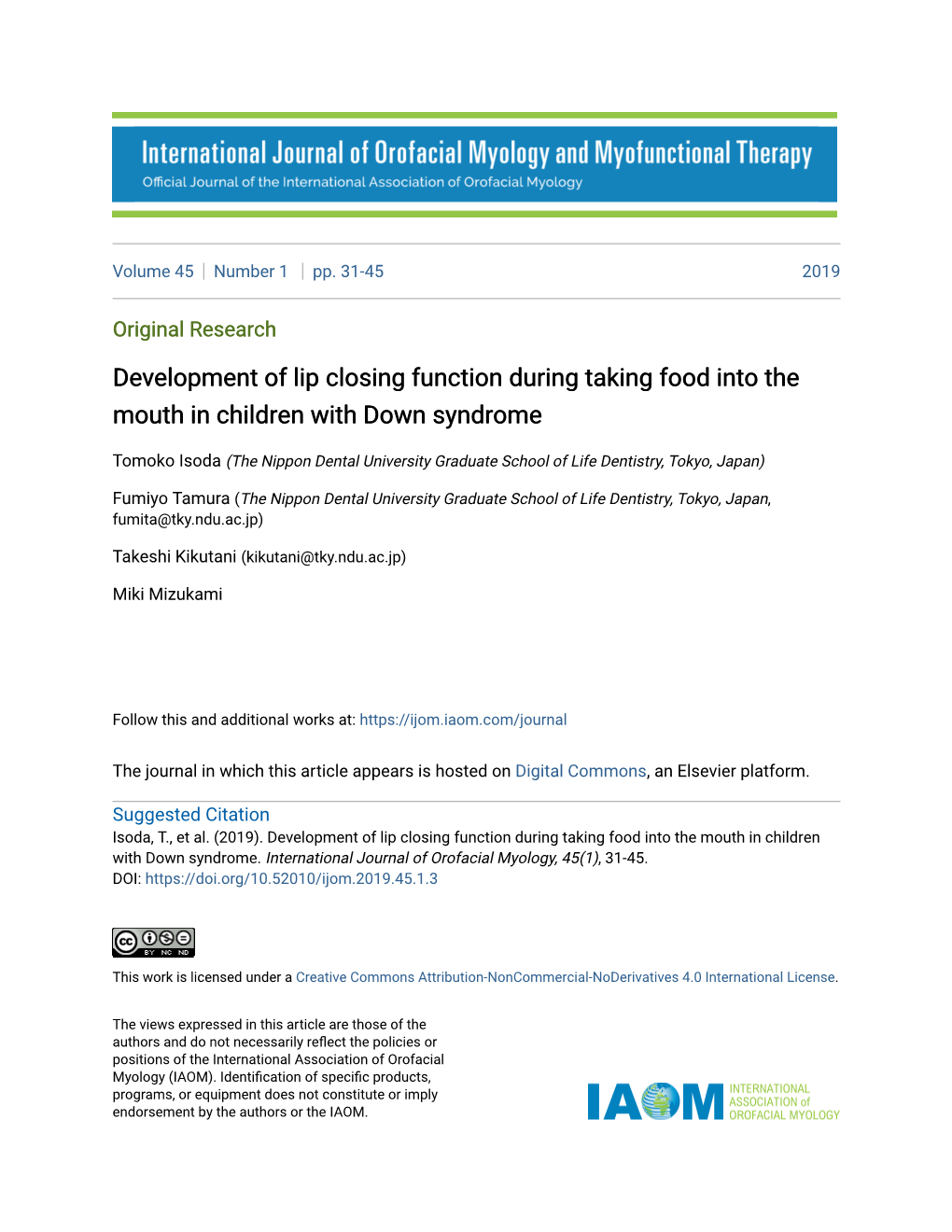 Development of Lip Closing Function During Taking Food Into the Mouth in Children with Down Syndrome