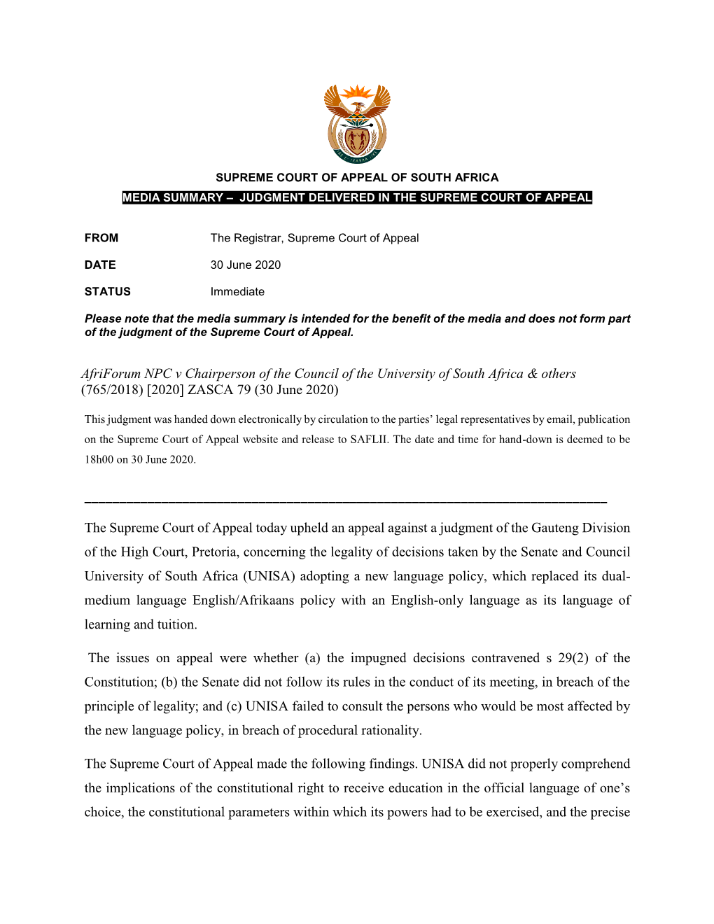 Afriforum NPC V Chairperson of the Council of the University of South Africa & Others (765/2018) [2020] ZASCA 79 (30 June 2020)