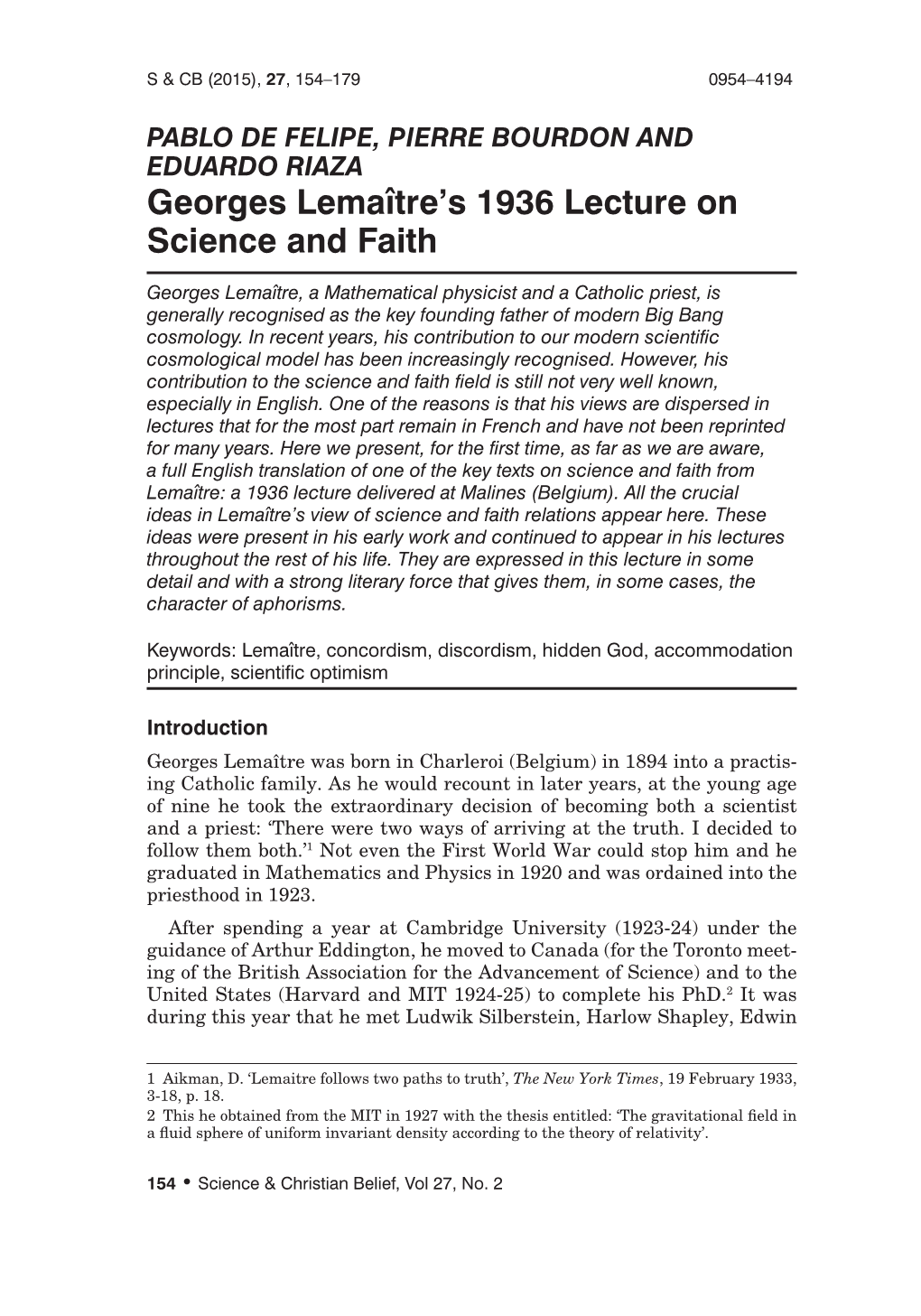 Georges Lemaître's 1936 Lecture on Science and Faith
