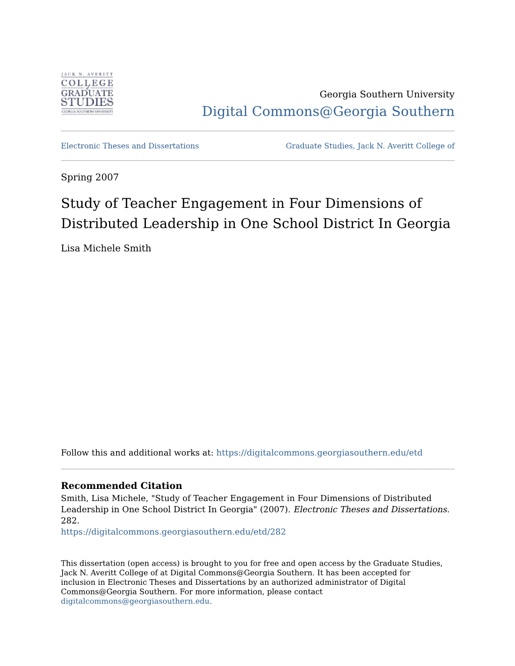 Study of Teacher Engagement in Four Dimensions of Distributed Leadership in One School District in Georgia