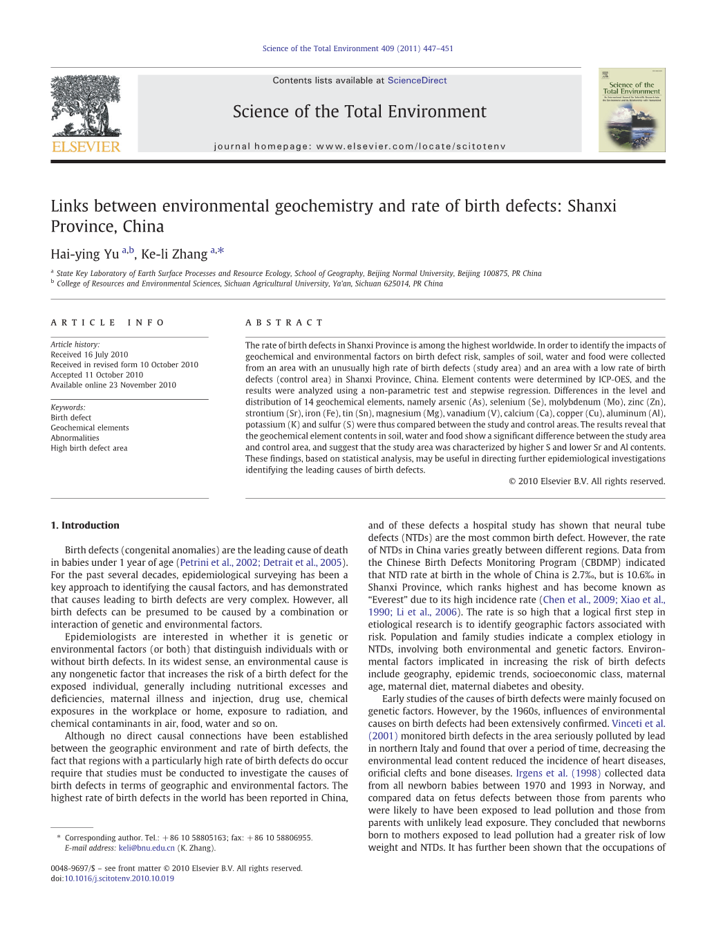 Links Between Environmental Geochemistry and Rate of Birth Defects: Shanxi Province, China