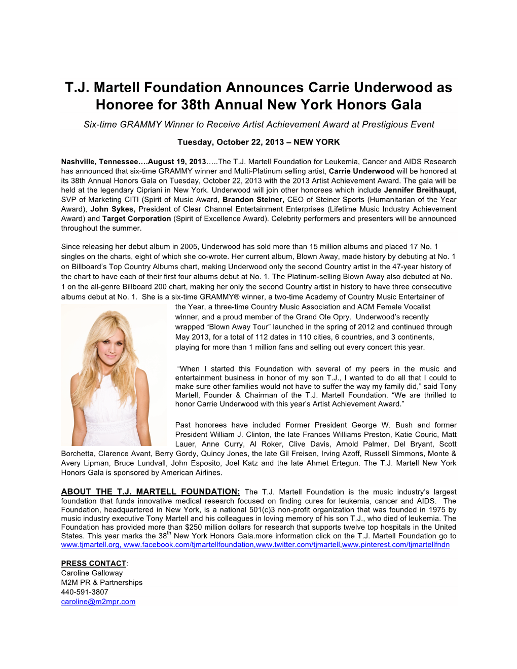 T.J. Martell Foundation Announces Carrie Underwood As Honoree For