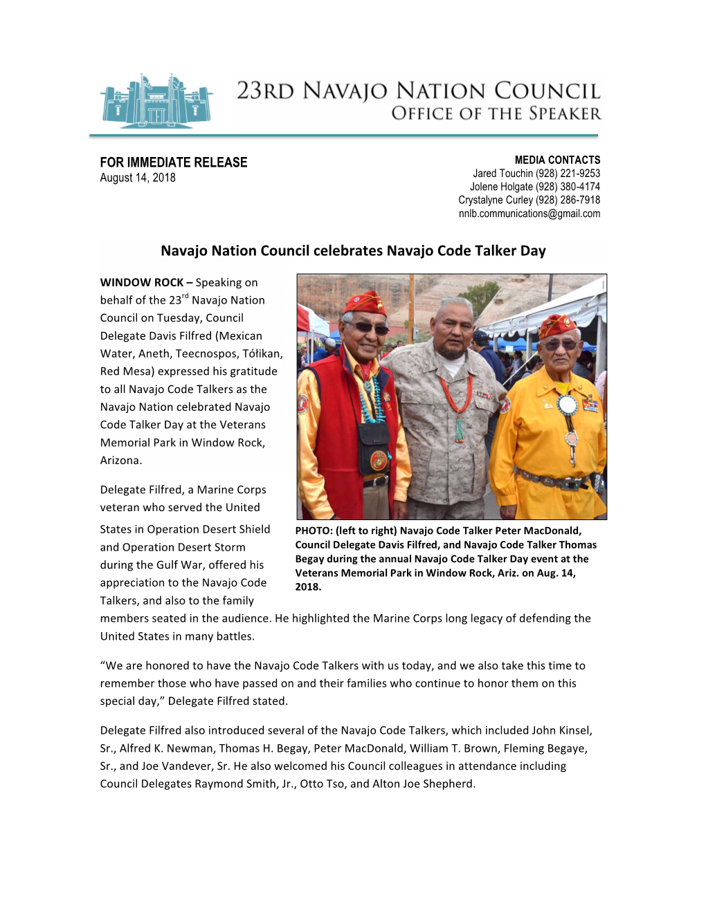 Navajo Nation Council Celebrates Navajo Code Talker Day