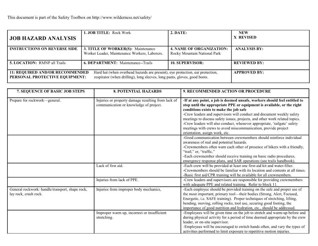 Job Hazard Analysis - Rock Work