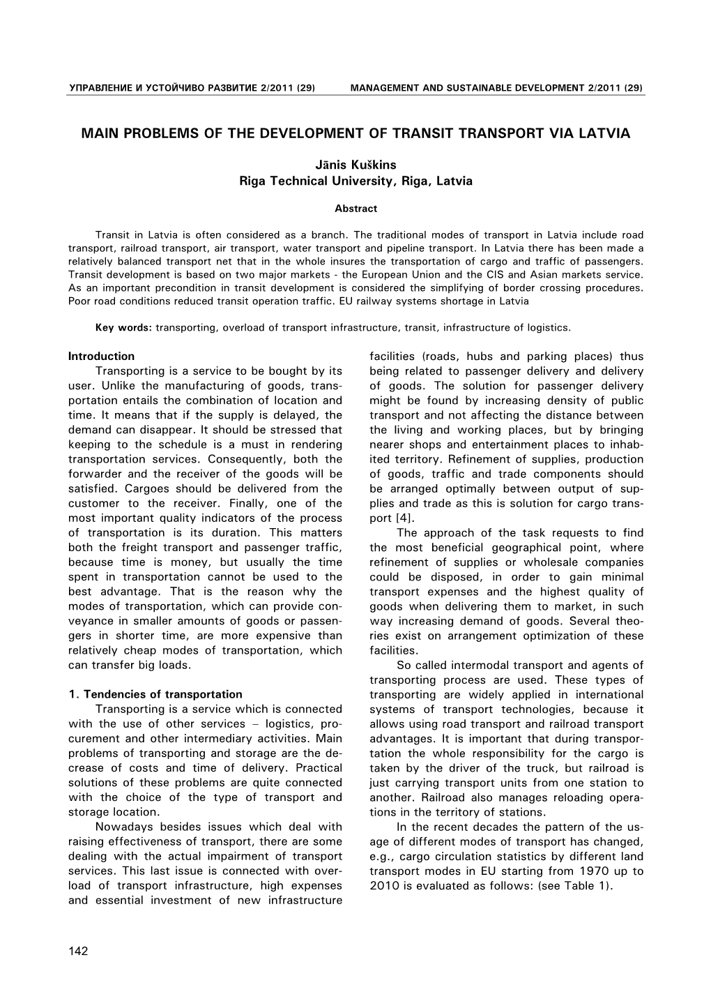 Main Problems of the Development of Transit Transport Via Latvia