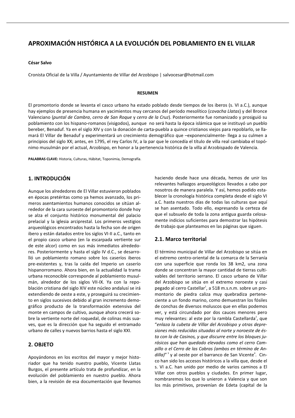 Aproximación Histórica a La Evolución Del Poblamiento En El Villar