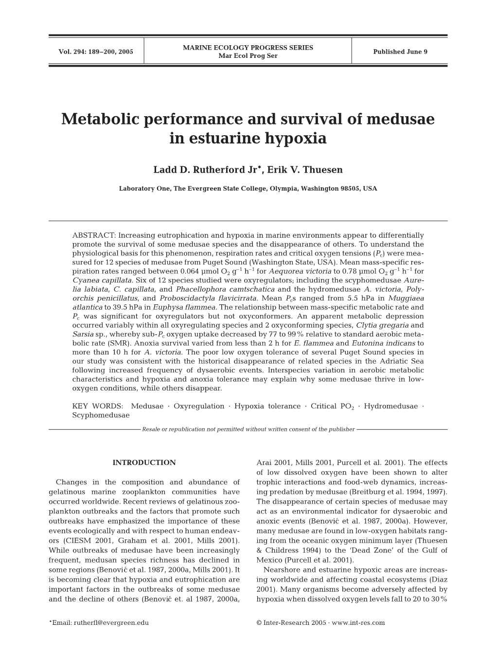 Metabolic Performance and Survival of Medusae in Estuarine Hypoxia