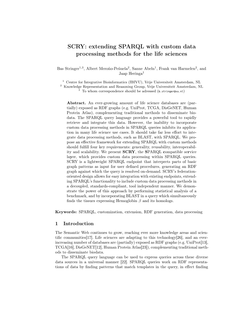 SCRY: Extending SPARQL with Custom Data Processing Methods for the Life Sciences