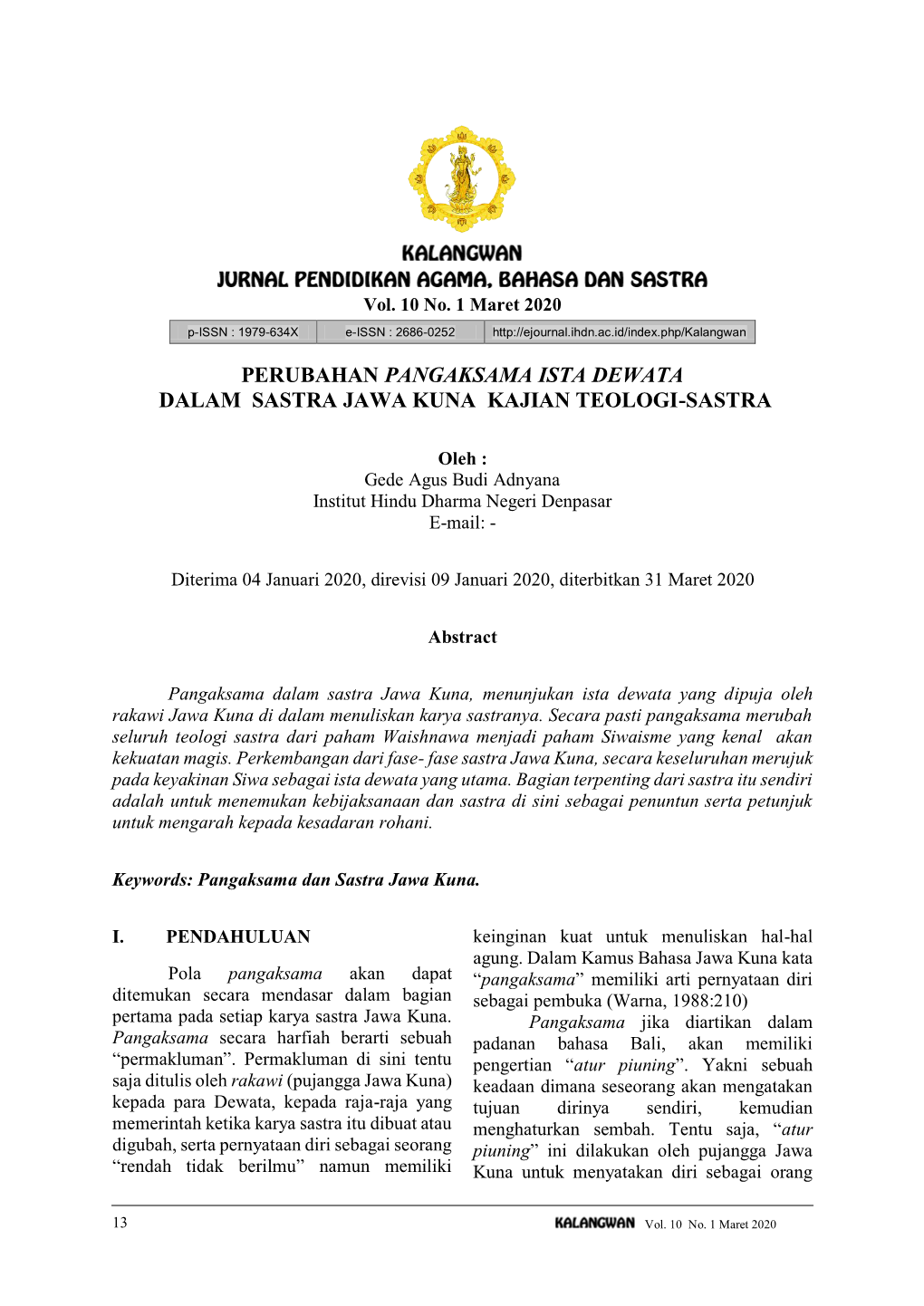 Perubahan Pangaksama Ista Dewata Dalam Sastra Jawa Kuna Kajian Teologi-Sastra